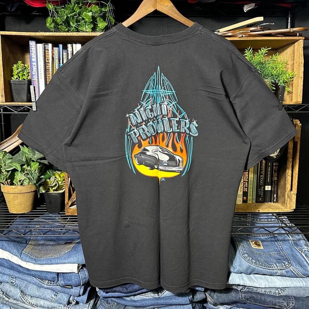 Vintage Y2K Night Prowler Car Show Tee Black Cars Flames Shirt Biker Mens XL